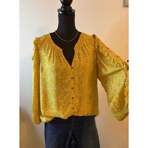 CATO EST 1946 Button up Flowered Earthy Yellow Blouse Ruffle Bell Sleeves